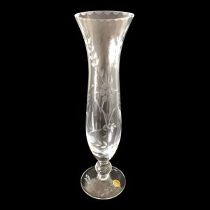 Vintage Romania Made Etched Bud Vase Floral Design Leaves On Foot W Sticker 8"